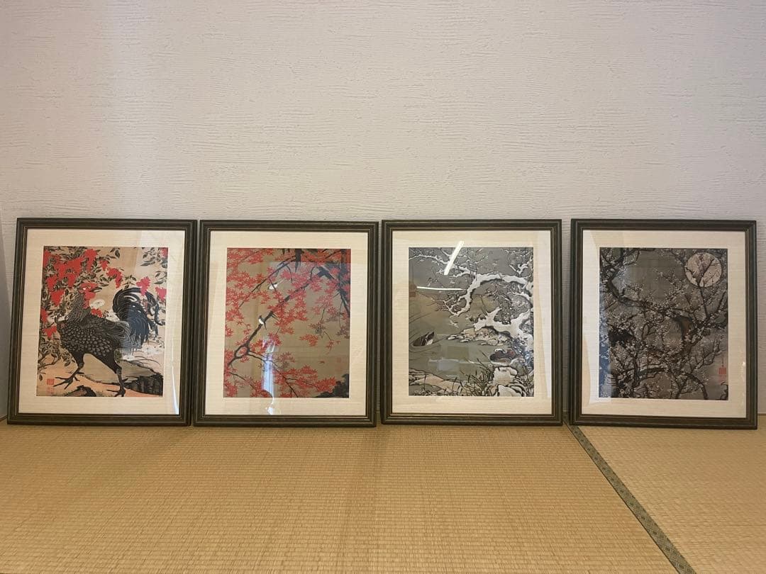 4点セット　伊藤若冲　南天雄鶏図　アート　ポスター　額装　55cm 62cm