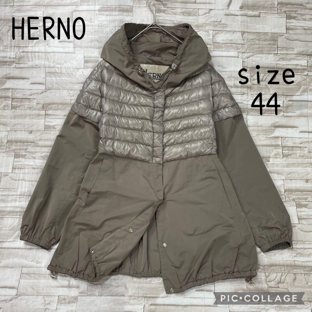 【美品】ヘルノ★異素材切り替え　ダウンコート　フード　グレージュ　大きめサイズ