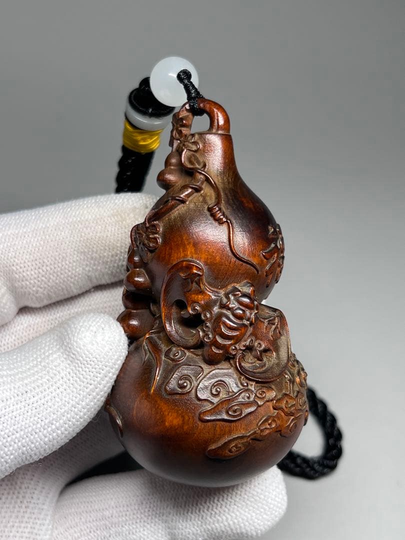 中国古美術 本物柘植 黄楊木 細工彫刻 福 瓢箪 根付 コレクション 木彫