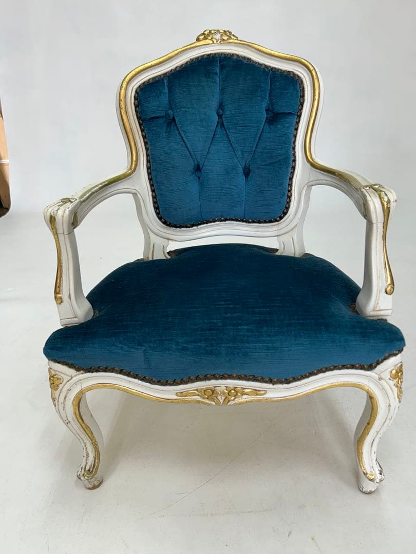 ロココ調アンティーク ベルベットチェア 青　子供用 ロココ ダイニングチェア アンティーク レトロ 姫系 猫足 シングル