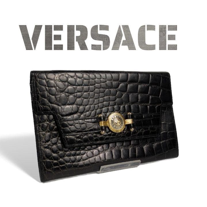 GIANNI VERSACE クロコ型押し 長財布 メデューサ ブラック レザー