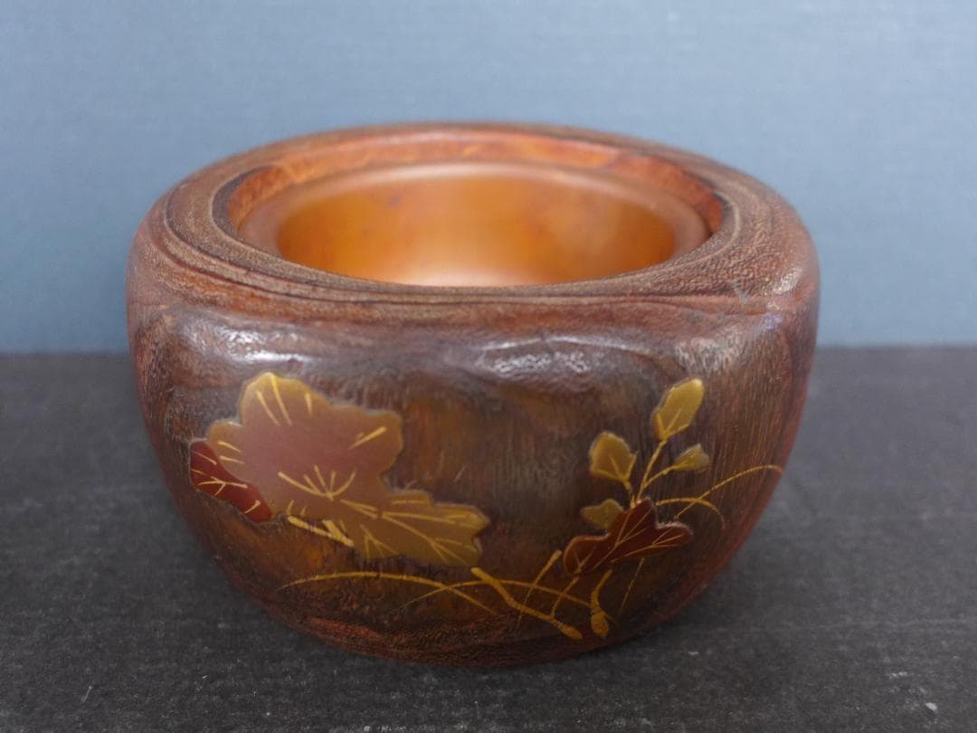 時代物　小型手あぶり火鉢　桑の木一刀彫 蒔絵　古道具　アンティーク　骨董
