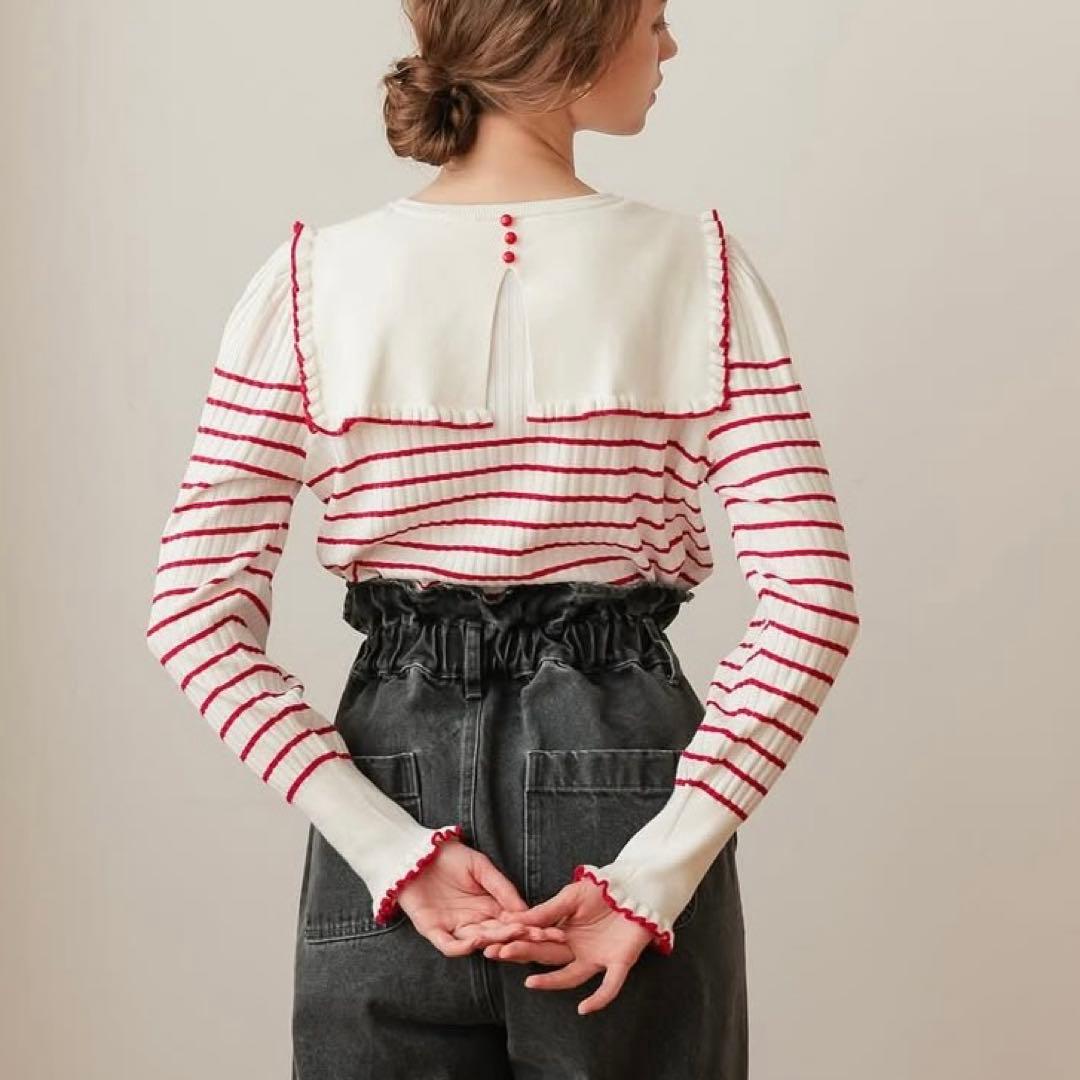 アンミヌ　unminou 赤と白のストライプ 長袖セーラーニット