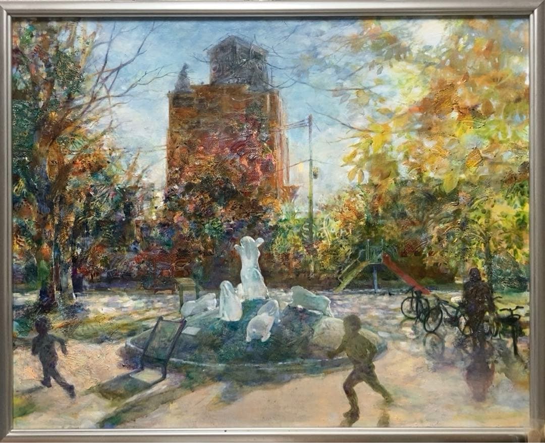 油絵　F30号　絵画　印象画　肉筆　油画　木漏れ日　広場　こどもたち　キャンバス