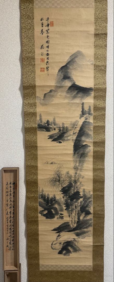 東艶斎花翁？　紙本肉筆　水墨山水　海堂蔵記載箱付　掛軸　送料込み260118