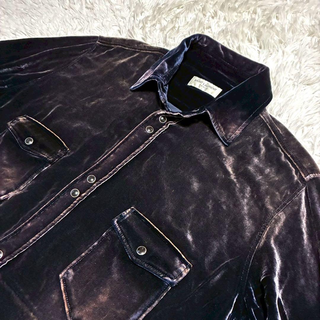 XL⭐️SAINT LAURENT 長袖シャツジャケット　ベロア　光沢感　黒系 楽天市場】サンローラン ベロアの通販
