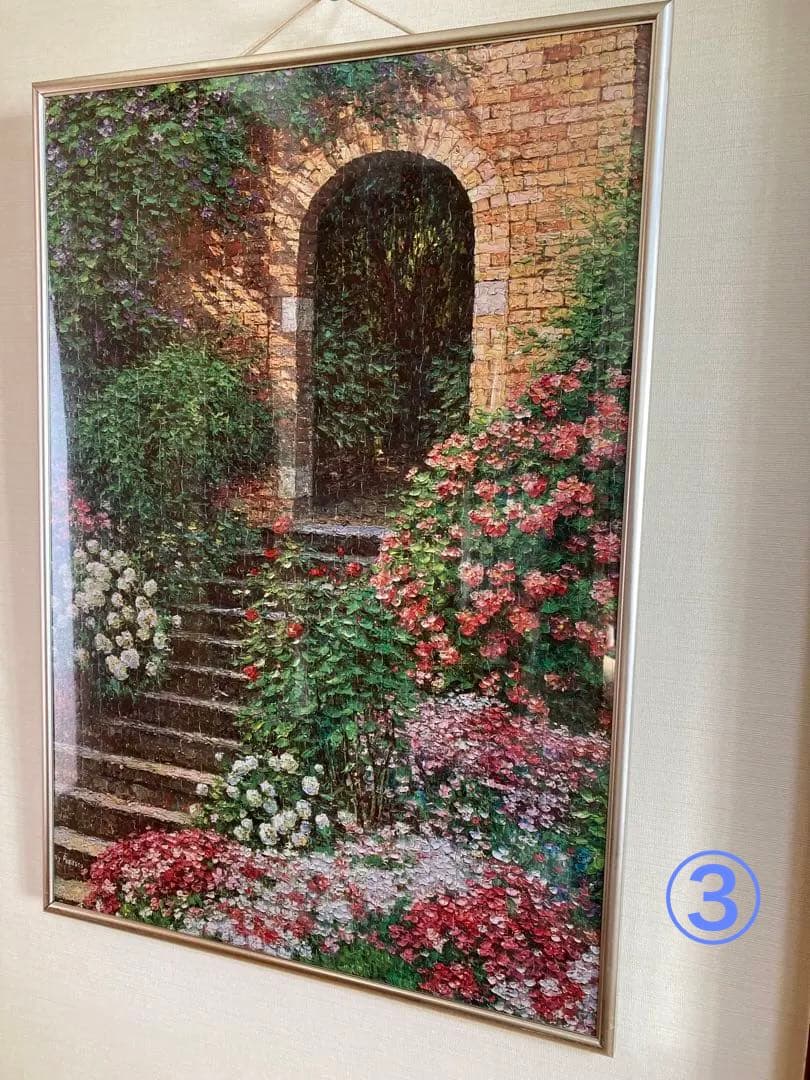 千P③花ガーデン階段口ジグソーパズル　アルミ額50×74㎝完成　油絵作名　極美品