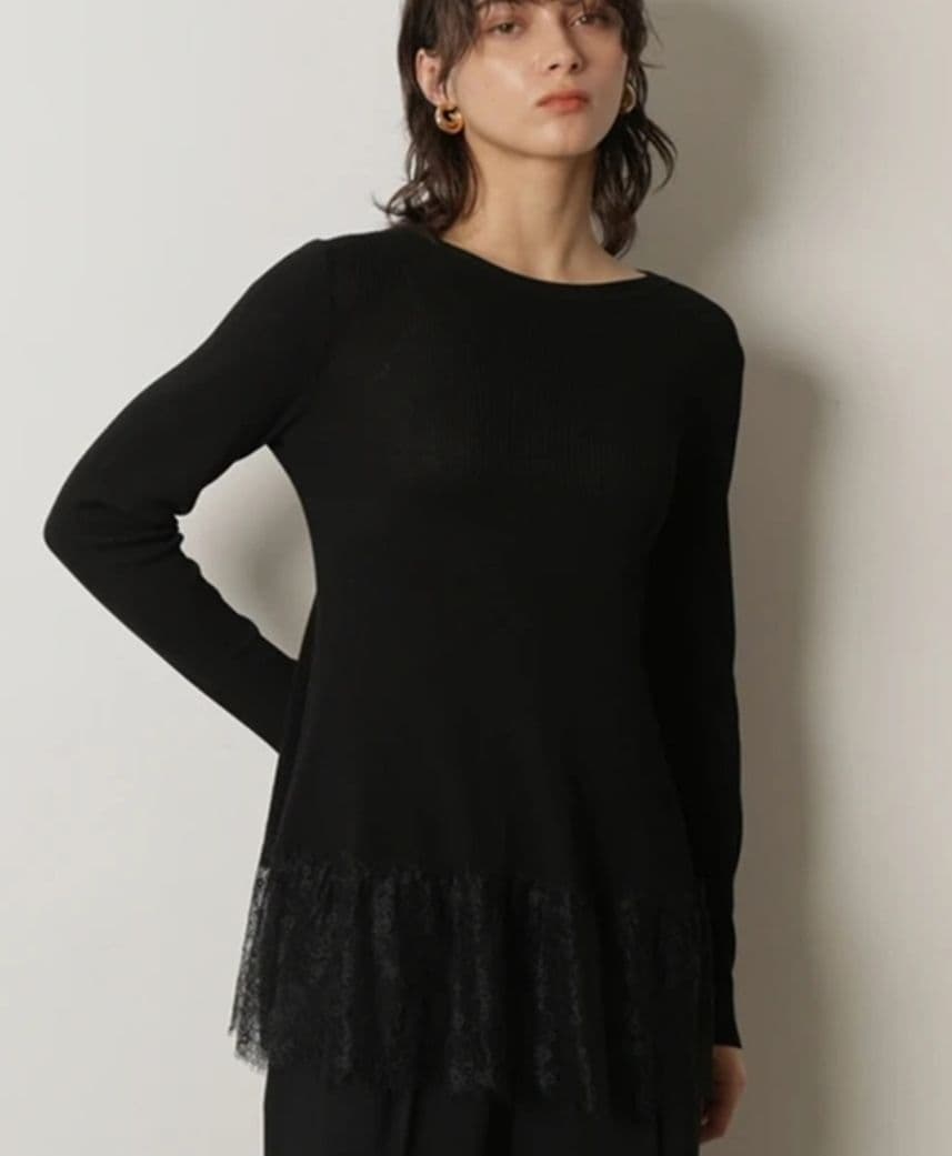 CADUNE ブラック 長袖ニット レース裾