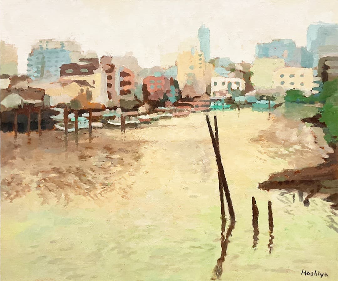 絵画 542 油絵/風景/街角/東京/品川/海/八ツ山/船だまり/F10号