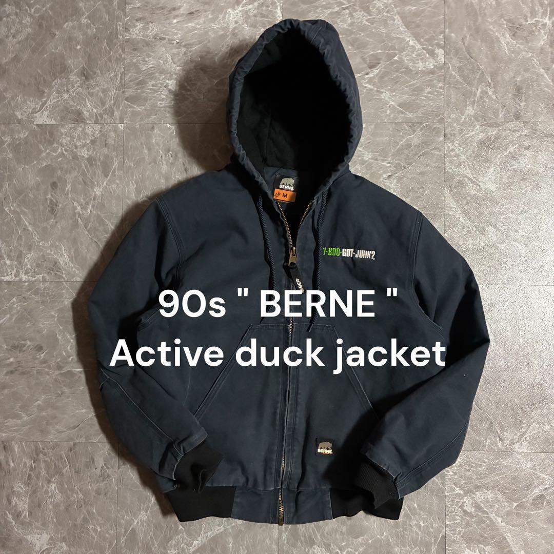 90s BERNE ダック地アクティブジャケット企業刺繍ロゴ ビック刺繍 短丈M