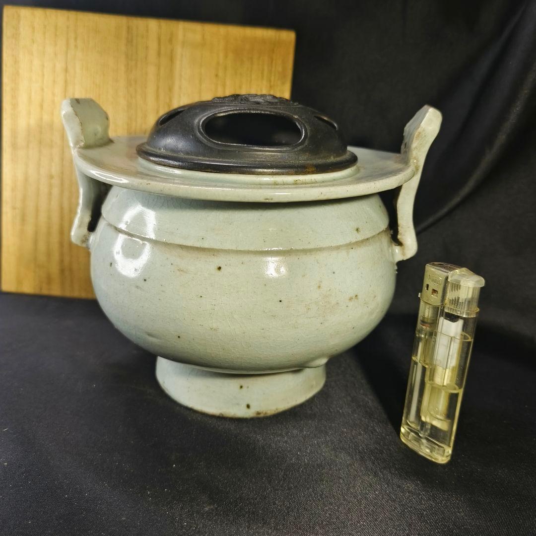 李朝骨董 古銅蓋青磁香炉 貫入入り 朝鮮王朝 古美術品 桐箱 コレクター放出美品