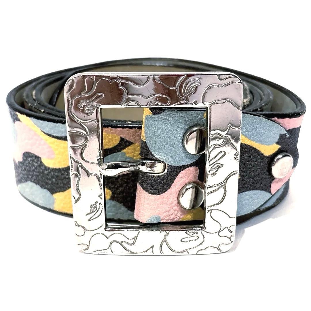 A Bathing Ape マルチカモレザーベルト サイズL シルバー 日本製