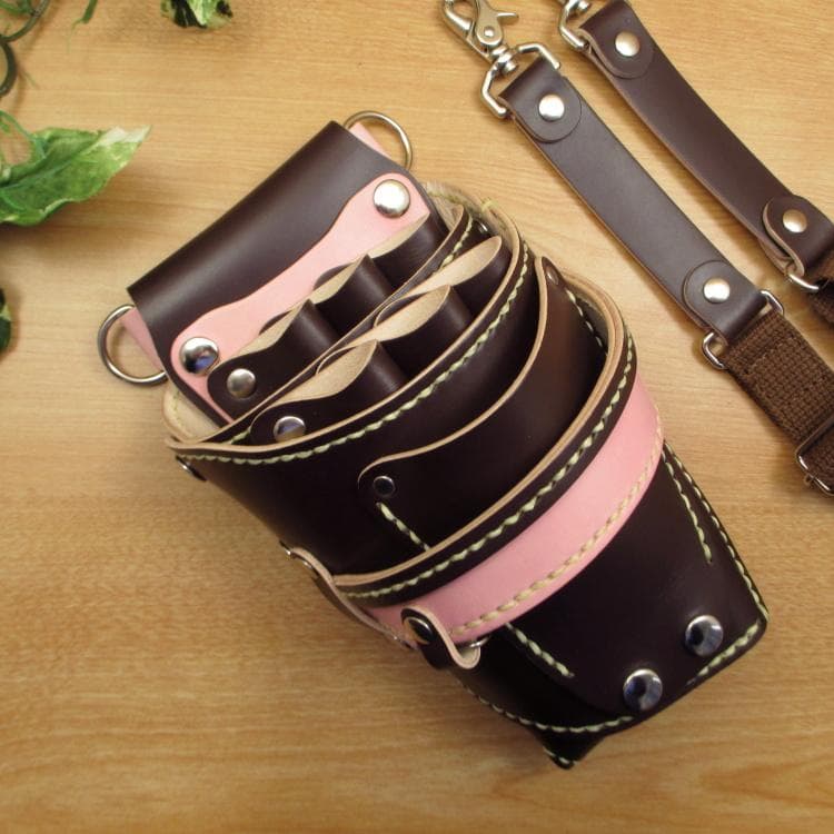 ダークブラウン＆薄ピンク　６丁差し　本革　シザーケース　SCA-100/CDB