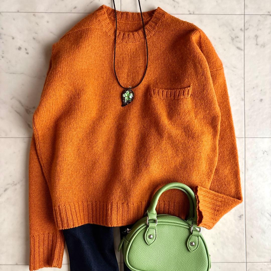 美品 ヨーガンレール 長袖ウールニットセーター ショート丈 M オレンジ