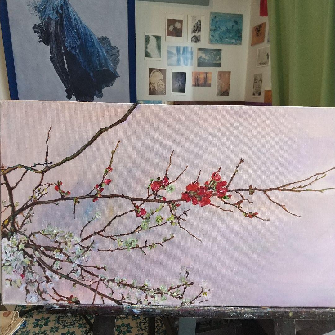 春に咲く花 油絵 静物#3 40X80X1.5cm 油彩画