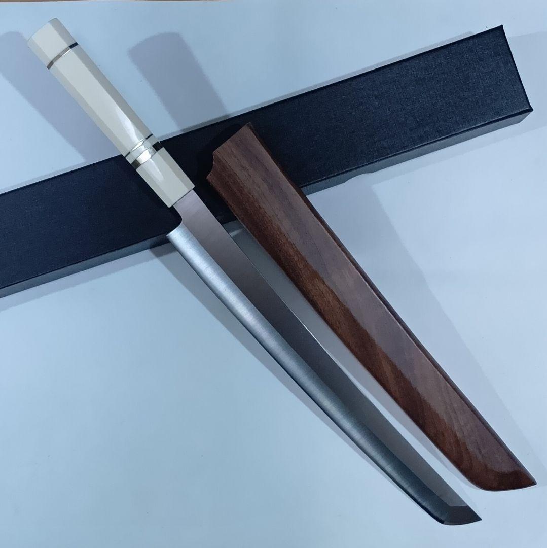 ステン本焼V金10号先丸柳刃包丁30cm鞘付人工象牙八角柄