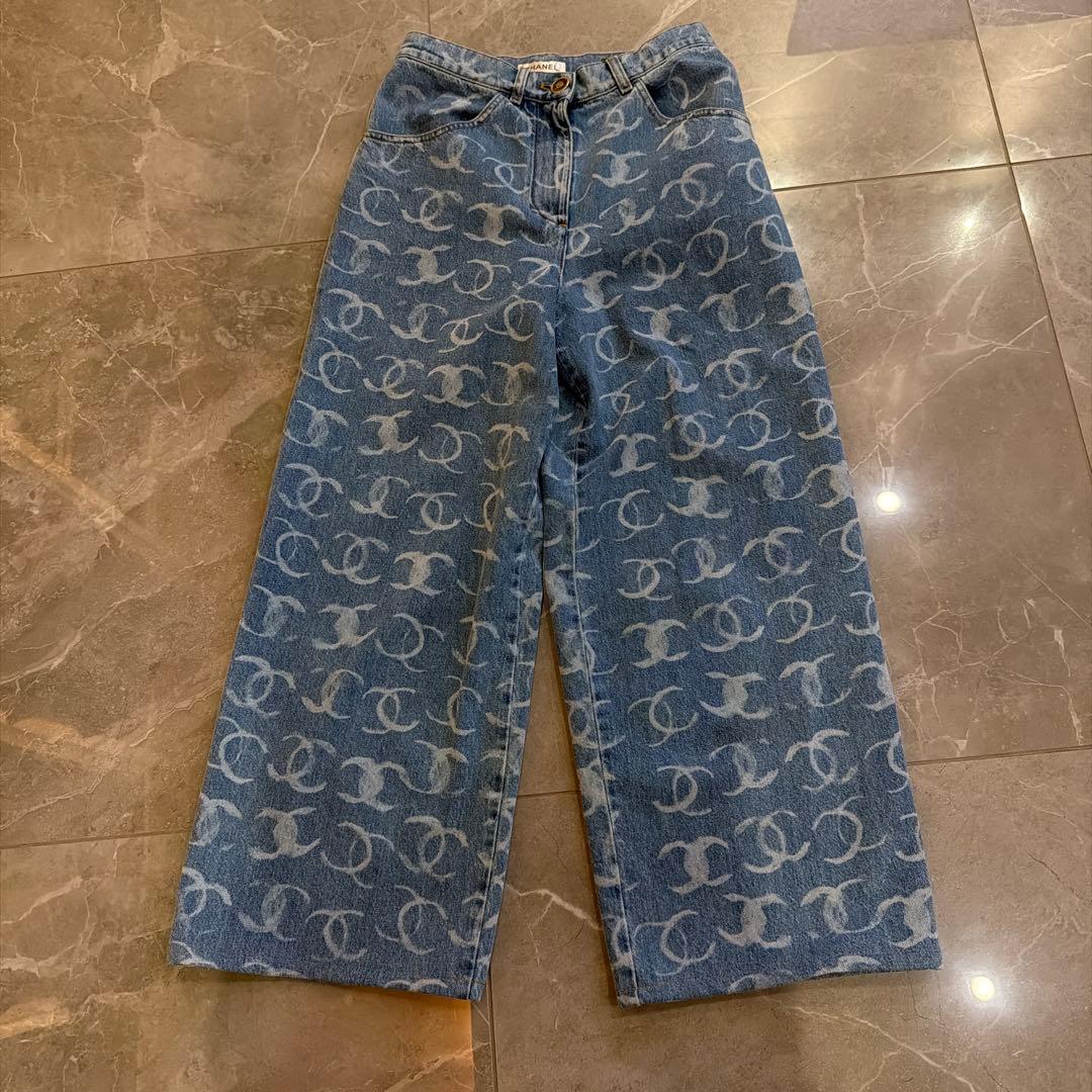 CHANEL ワイドデニムパンツ ロゴ 36 ウエスト滑り止め加工付き丈詰め