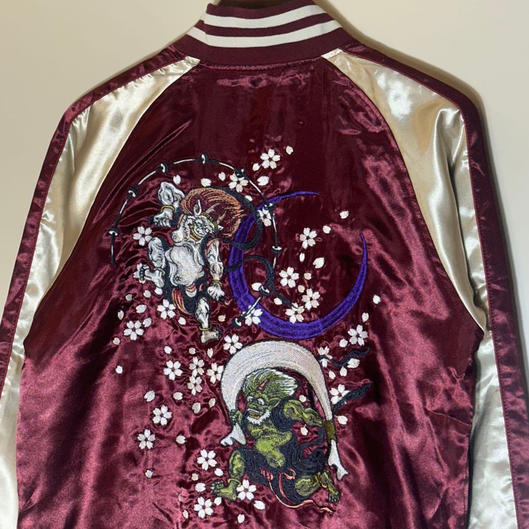 【新品未使用】風神雷神桜刺繍スカジャンワインレッドえんじ金和柄サテンブルゾン 新品未使用】風神雷神桜刺繍スカジャンワインレッドえんじ金和柄サテン