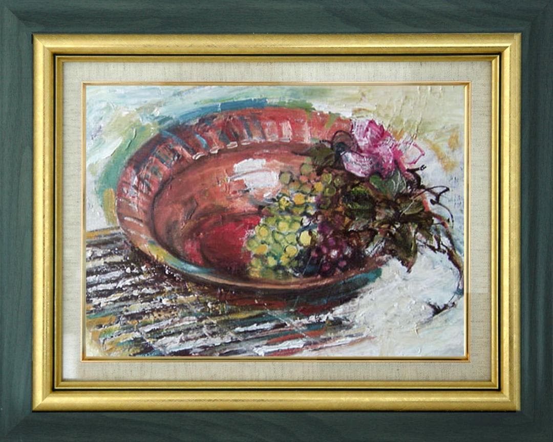 油絵 菅家令子絵 絵画インテリア額付(青緑＋金色の枠)F4-110502フルーツ 油絵 菅家令子 絵 絵画インテリア額付(青緑＋金色の枠)F4-030319猫女子