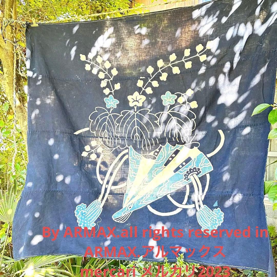 2168様感謝‼️明日につなぐ古布　桐花扇面TSUTSUGAKI筒がき藍染大風呂敷 1871 筒描き 4幅 鳳凰 藍染 木綿 古布 明治〜大正 アンティーク