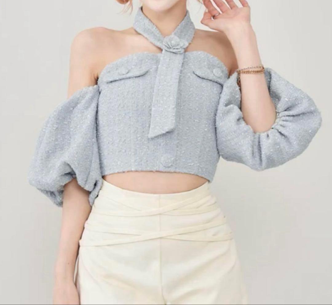 Darich ダーリッチ　ホルターネックオフショルツイードトップス　SAX