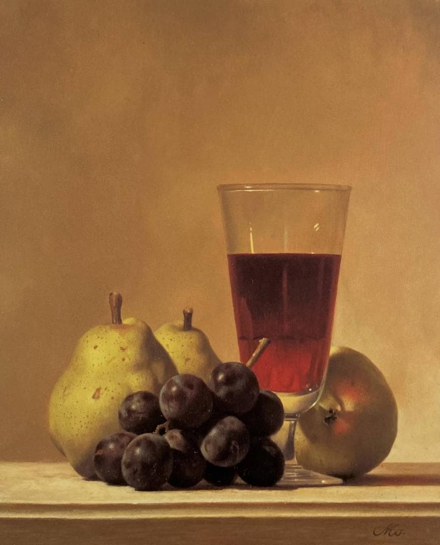 森本草介、【葡萄と梨とワイン】、希少な画集より、新品額装付、マット額装付き