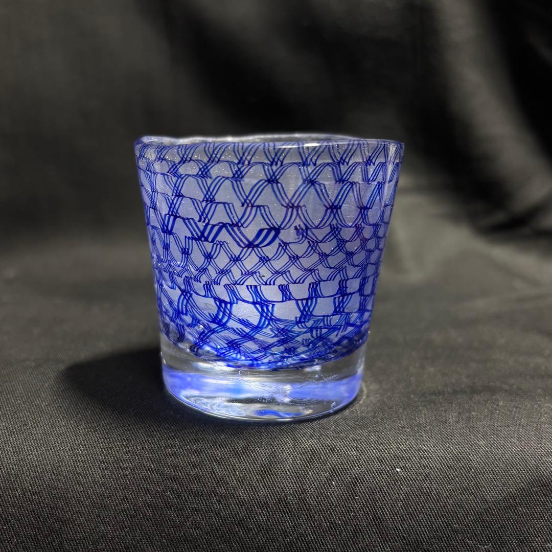 コアガラス　小暮紀一　冷酒杯　レース文様　青　ぐい呑　おちょこ　トンボ玉
