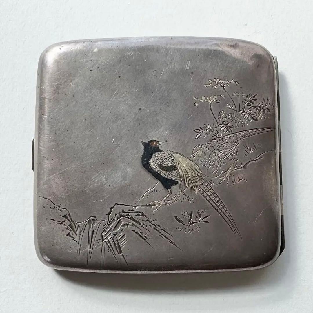 彫金 雉（キジ）ペア図 シガレットケース 金工細工 美秀刻 タバコケース 彫金 シガーケース シガレット 収納 アンティーク調