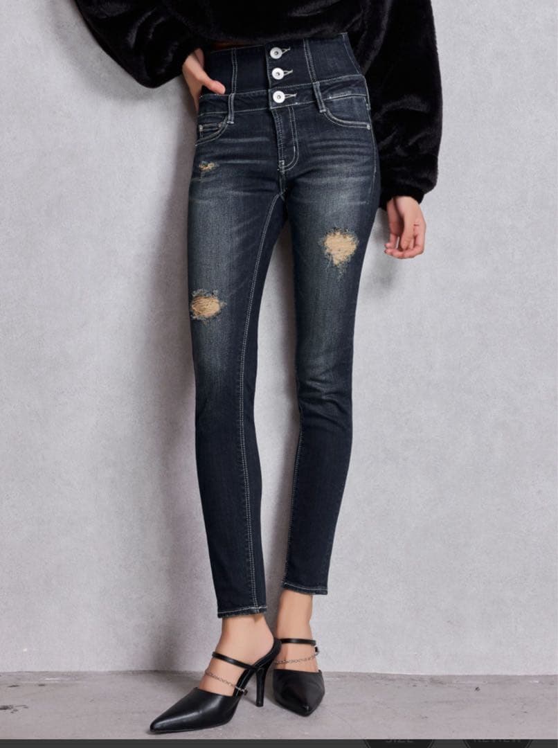 GYDA ハイウエストバッククロスダメージスキニーデニム　M インディゴ　ギャル