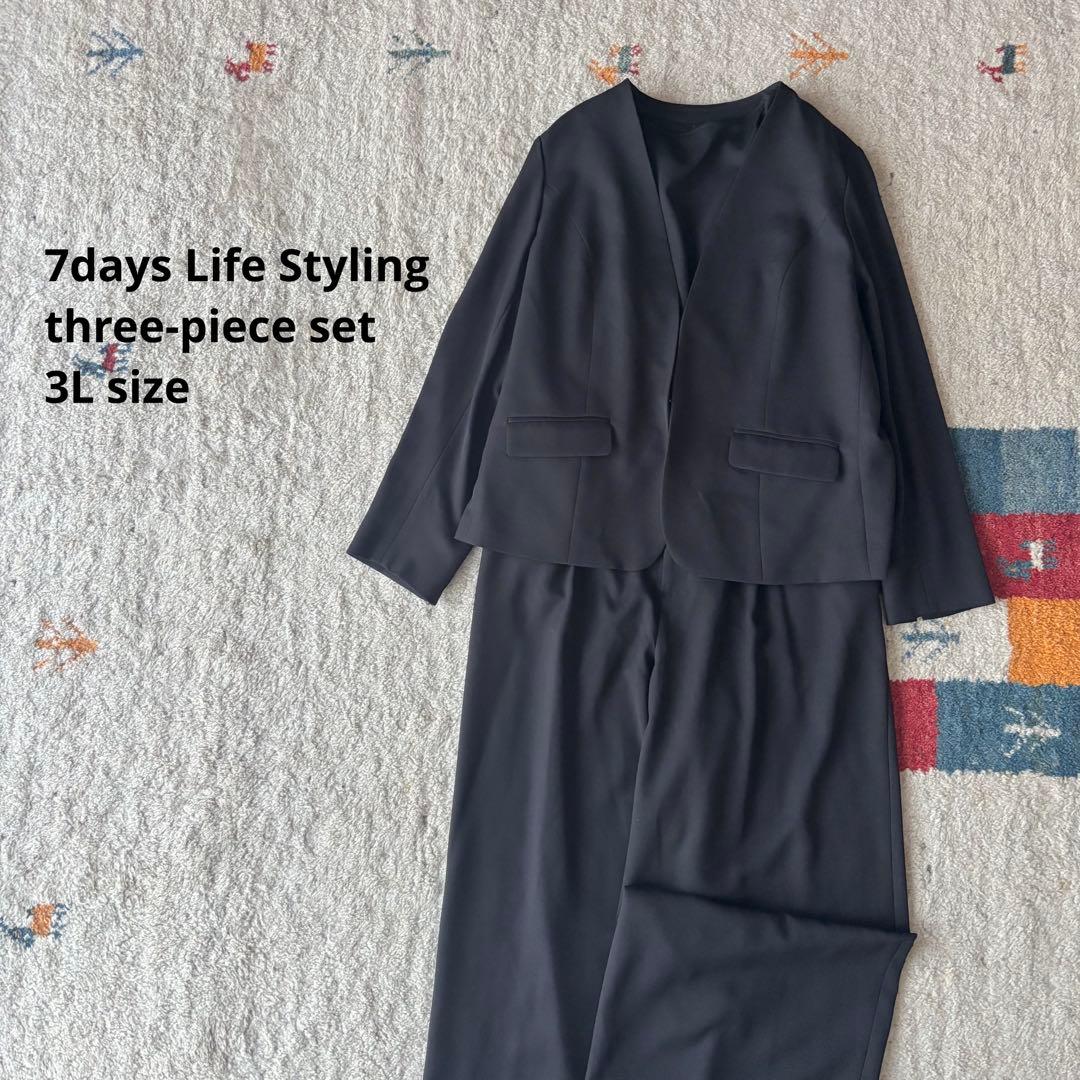 大きいサイズ　3点セット　ノーカラーパンツスーツ　セットアップ　ニッセン　黒