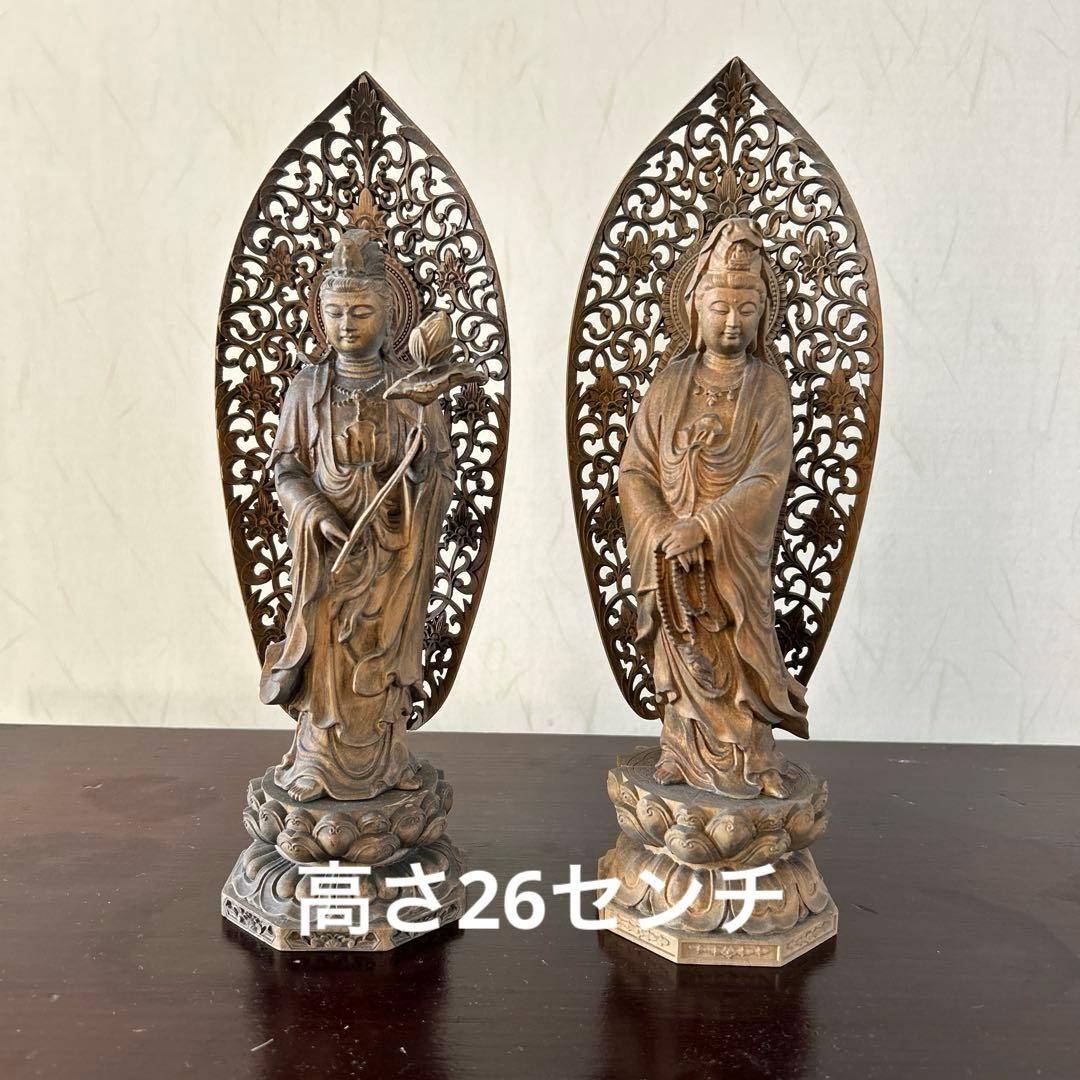 【骨董品】観世音菩薩立像　勢至菩薩立像　2体セット　木彫り　仏像