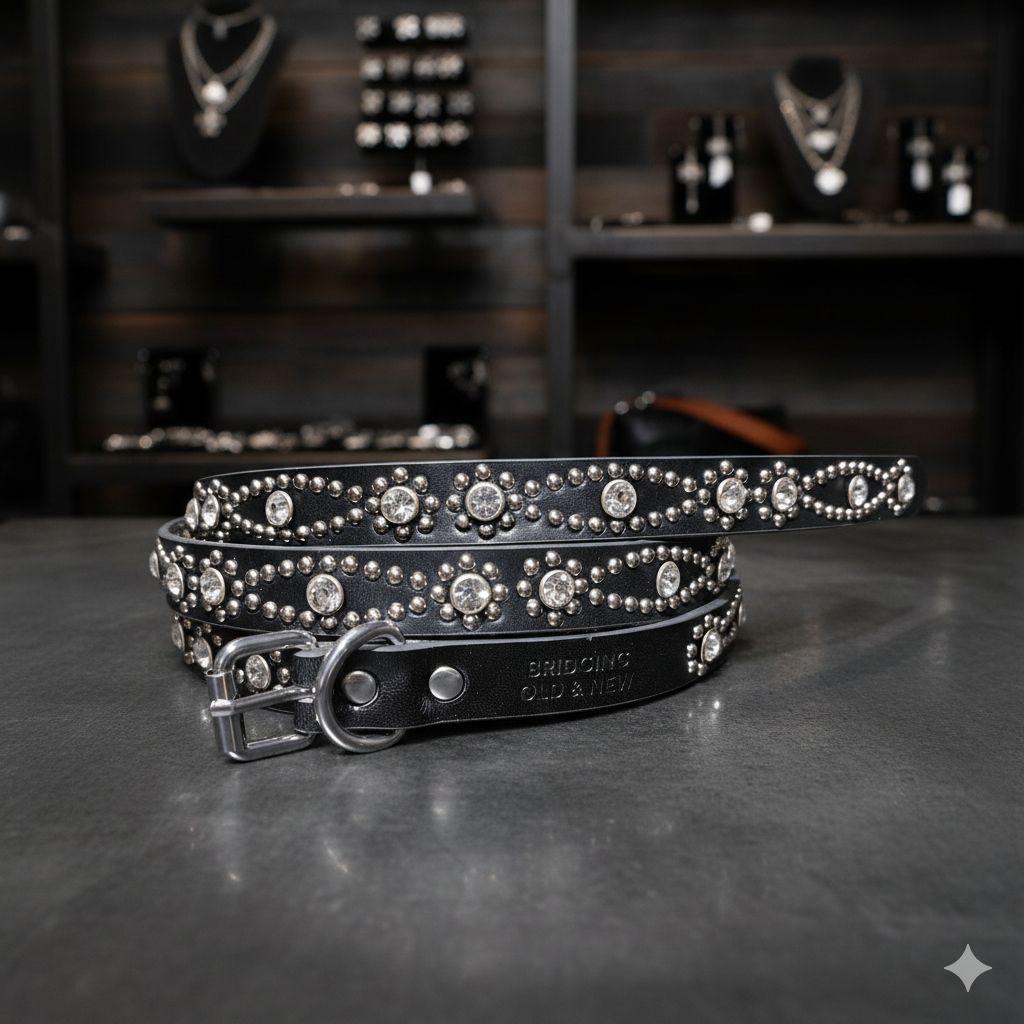 クロス銀■本革レザーフルスタッズナローベルト☆シルバーヴィンテージ