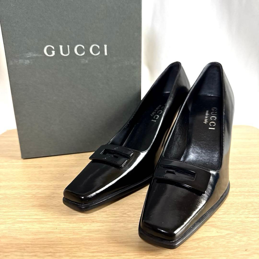 【美品】GUCCI グッチ　パンプス　Gロゴ　エナメル　スクエア　ブラック