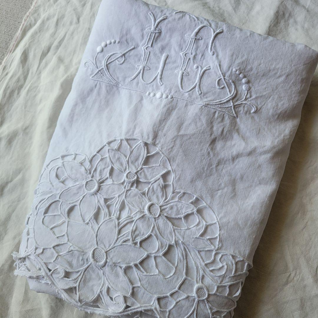 フランス　アンティーク　シーツ　リネン　カットワーク
