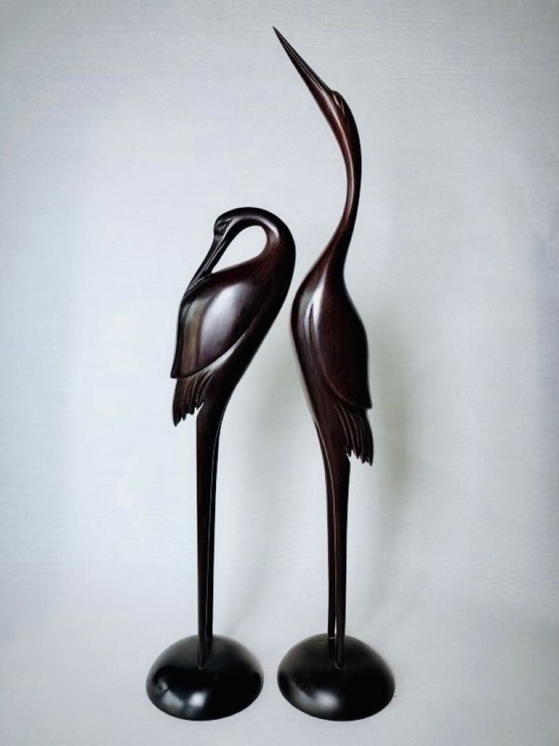 縁起良き夫婦鶴の木彫り置物2点セット