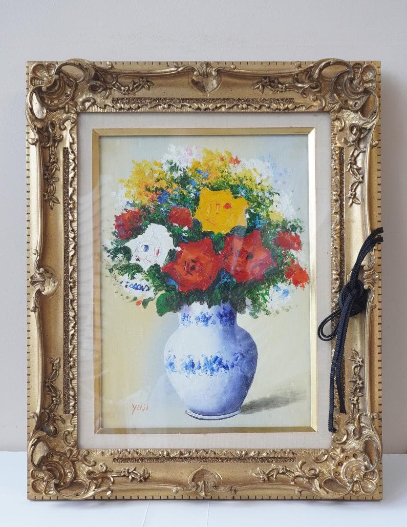 油絵 花 F4号 斎藤遊児 絵画 静物画 額縁 ガラス付き