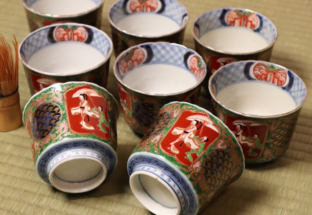 【CM56】古伊万里 色絵 小鉢 向付 八客 人物 青海波 唐草 牡丹 錦手