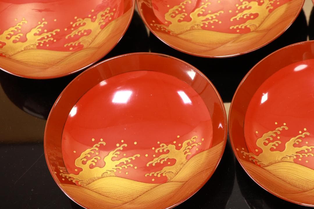 BJ103 時代輪島塗 烏漆絵 日乃出金蒔絵 煮物椀 五客 木製 吸物椀