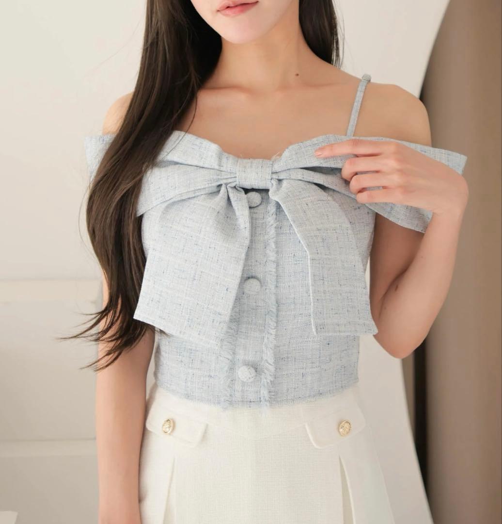 リップサービス LIP SERVICE ツイードリボンオフショルトップス ブルー