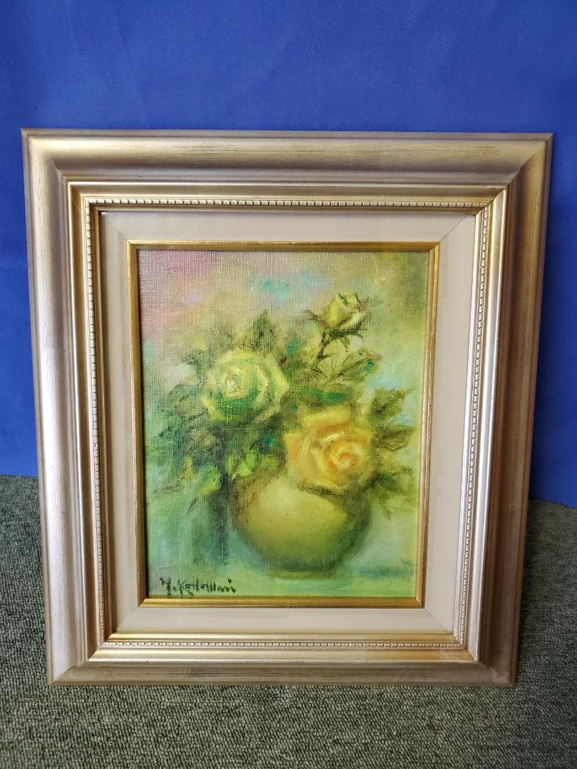小泊芳彦作　バラの花瓶 油彩画 F3号　ゴールドフレーム　B-20