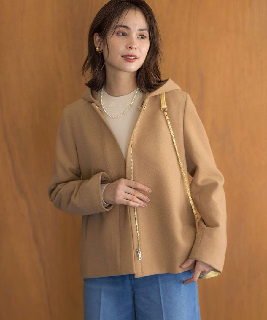 【新品未使用】ウール コートベージュ フード取り外し可 ノーカラー