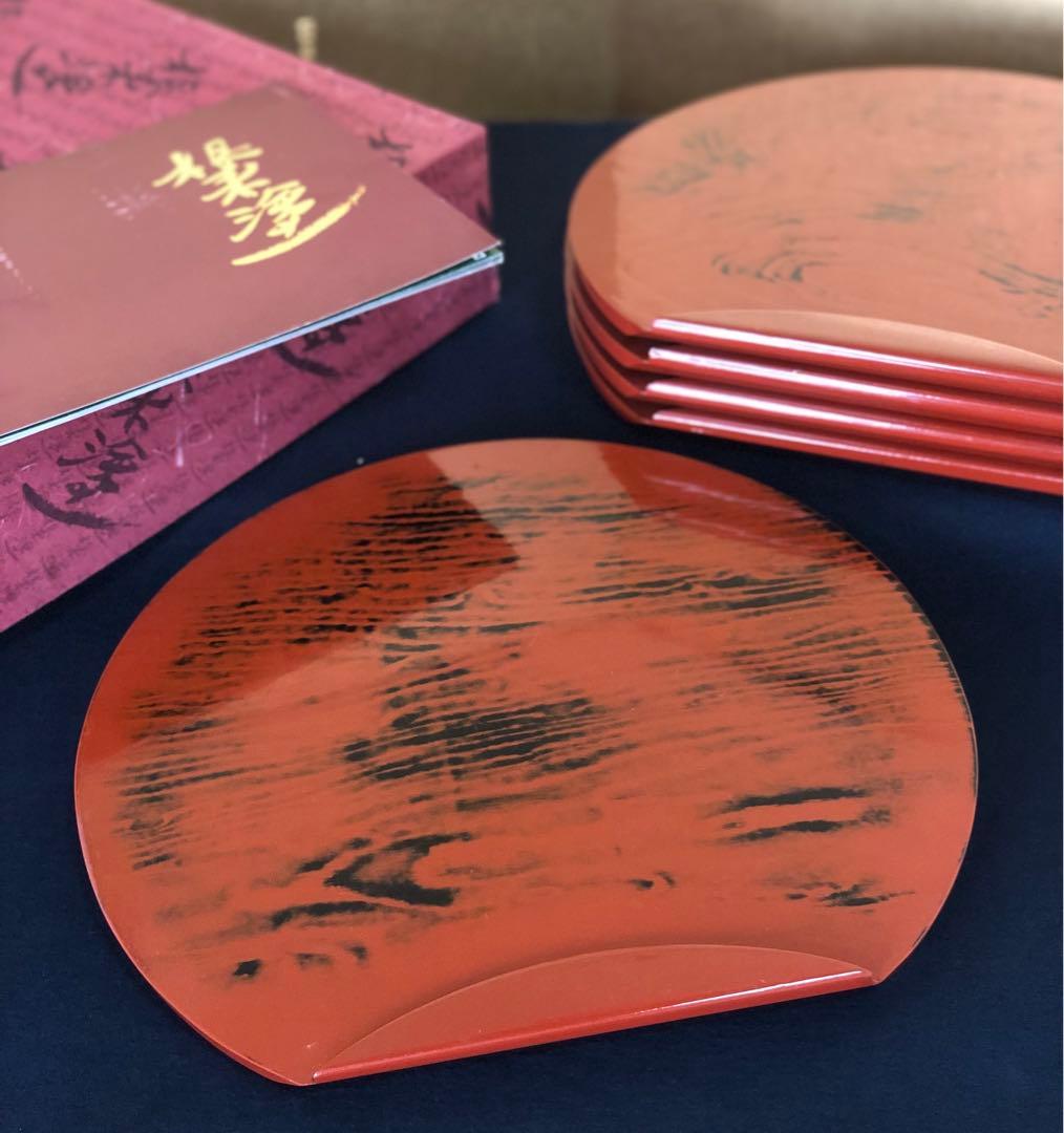 割引❗️《R》根来塗 半月盆5客 膳 木製漆器 懐石 元箱　250820G1