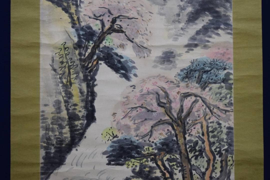 真作/哲也/桜花山水図/布袋屋掛軸HE-88