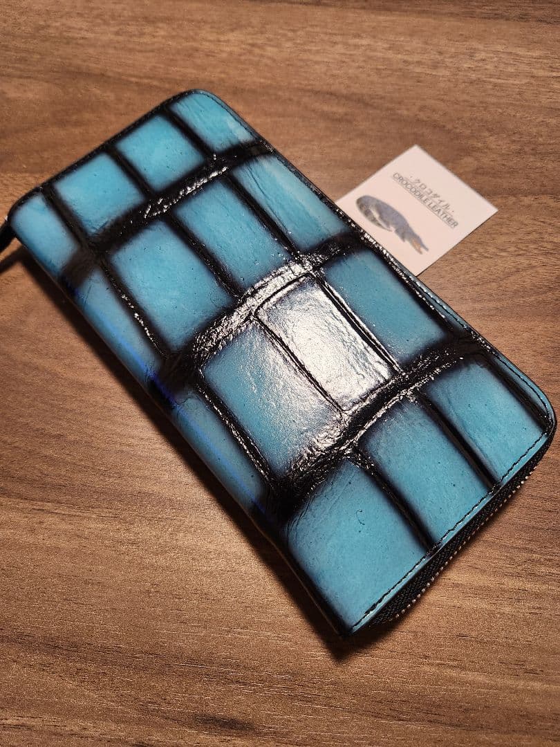 【スカイブルー】実物撮影 一枚革 クロコダイル ラウンドファスナー 目地染め