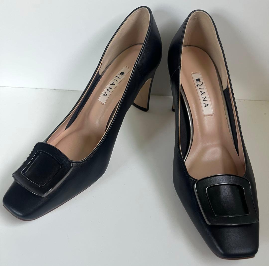 極美品 DIANA スクエアトゥ バックル ブラック ハイヒール 23cm