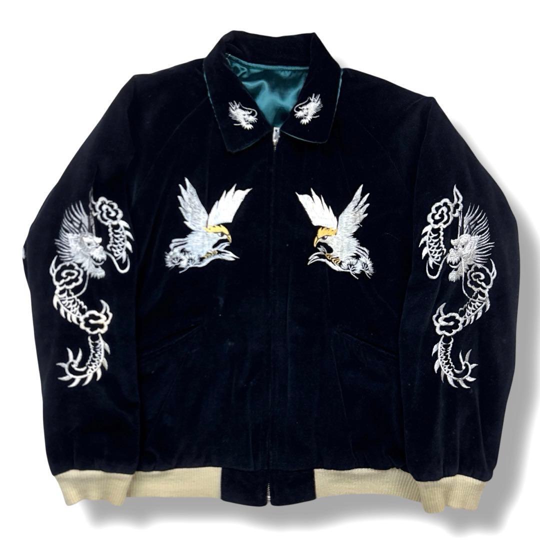 希少 テーラー東洋 スカジャン スーベニア 別珍 鷹×龍 刺繍 ベロア 黒 M