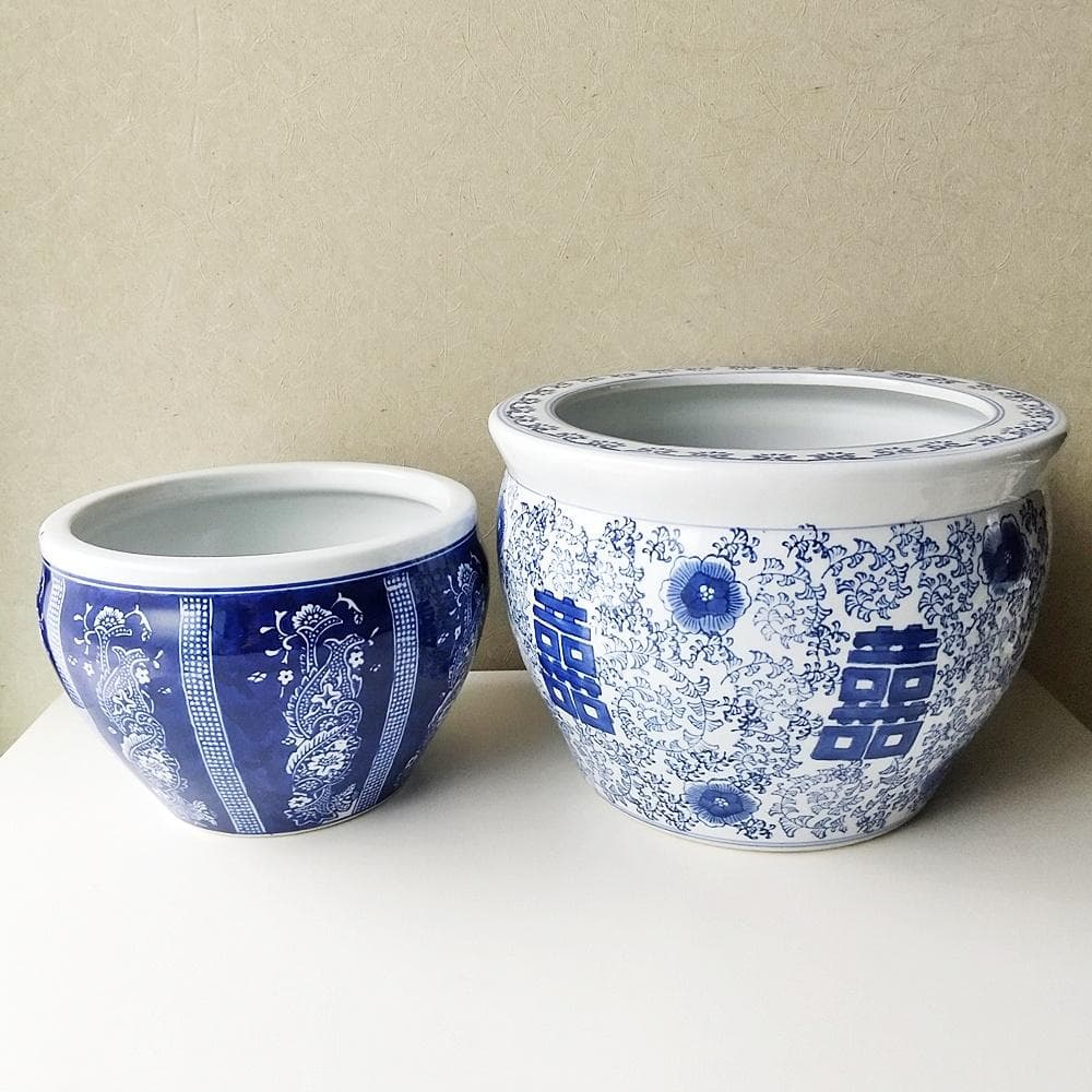 シノワズリ　染付鉢 2点セット 水鉢 2個セット 鳥獣戯画 シノワズリ ミニ火鉢 鉢カバー プランター