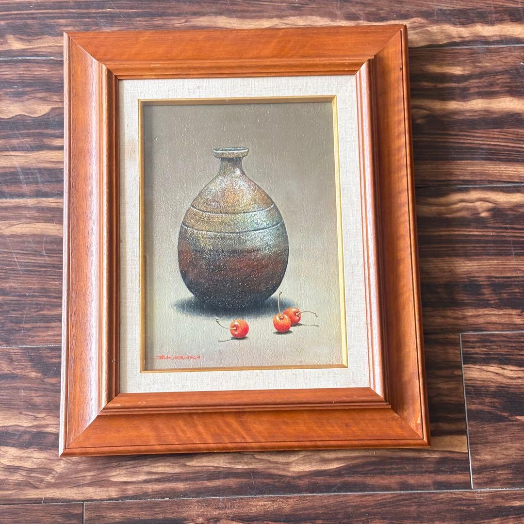 小阪正次「備前とサクランボ」油彩 F4 1979年 額装 油絵 油画 絵画 K 小阪正次「備前とサクランボ」油彩 F4 1979年 額装 油絵 油画 絵画 K