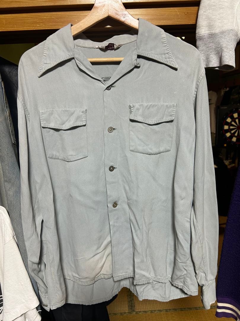 (Special) 50s レーヨンシャツ 単色 ミント ハンドステッチ L 古着 40-50s WALDORF 無地 ソリッド ハンドステッチ 開襟 ボックス