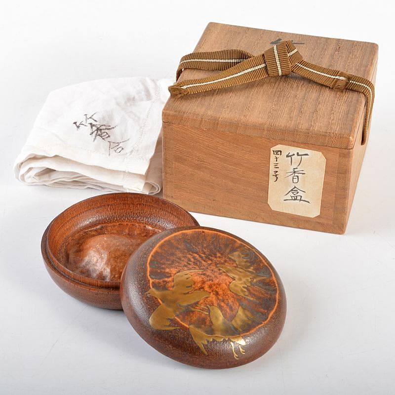 茶道具　祥斎作　宗博作　鳥蒔絵　竹香合　共箱　M　R5720 茶道具 祥斎作 宗博作 鳥蒔絵 竹香合 共箱 M R5720